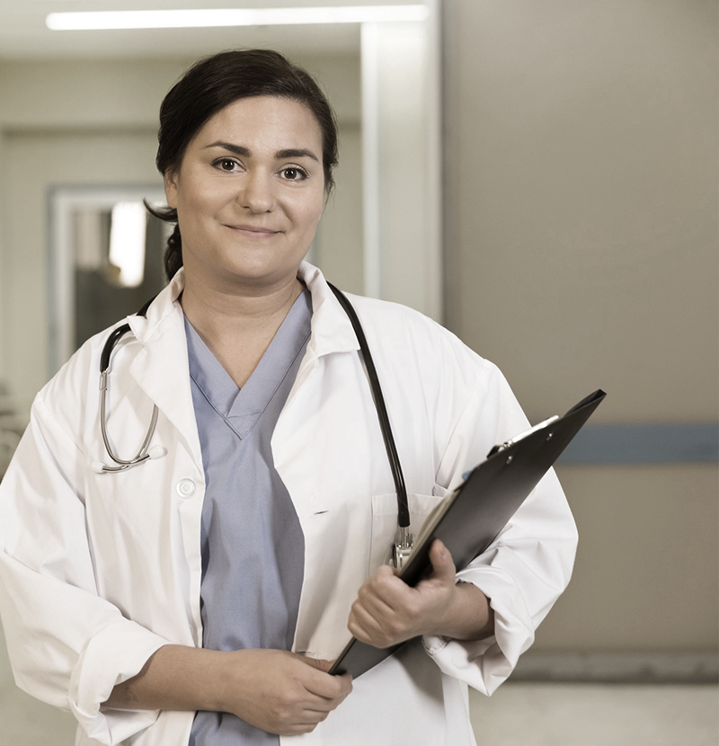 female medical professional with clipboard